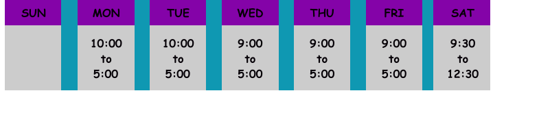 SUN	       MON  10:00 to 5:00	   TUE  10:00 to 5:00	   WED  9:00 to 5:00   THU  9:00 to 5:00   FRI  9:00 to 5:00   SAT  9:30 to 12:30